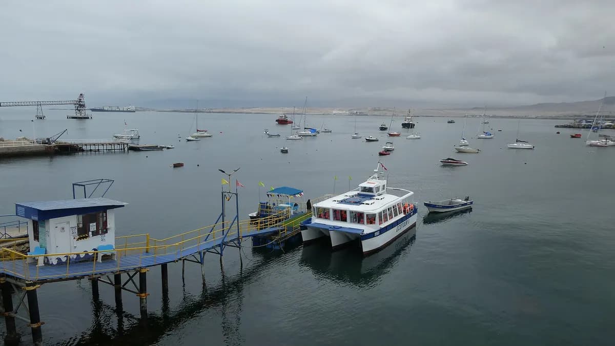 Trimarán turístico navegando en la bahía de Caldera