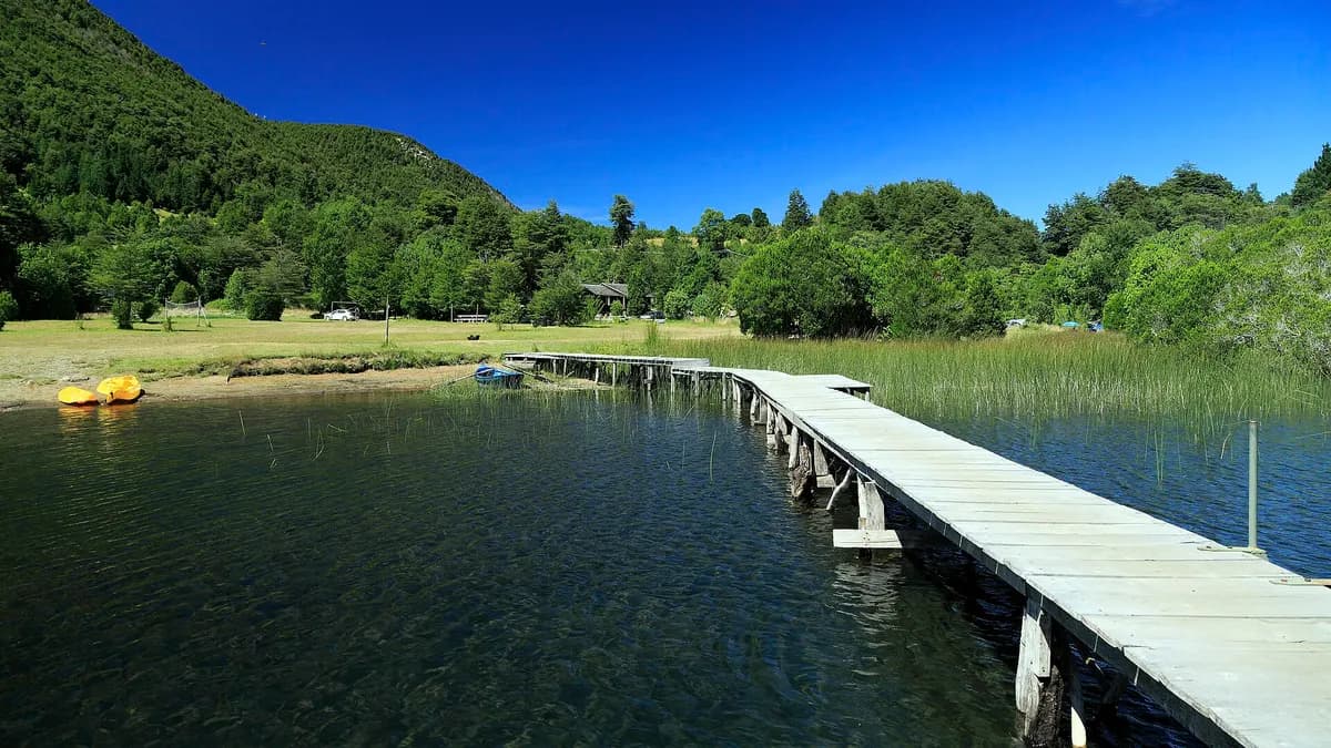 Muelle de madera sobre el lago Tinquilco con bosque y pasto en la orilla