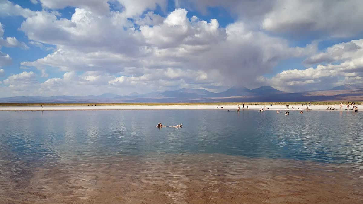 Personas flotando en Laguna Piedra, en el salar de Atacama