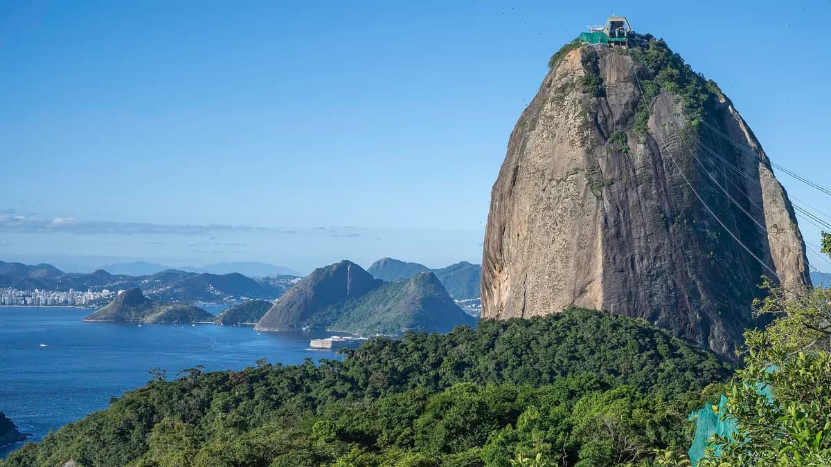 Morro Pan de Azúcar sobre la bahía de Guanabara en Río de Janeiro con vegetación en primer plano