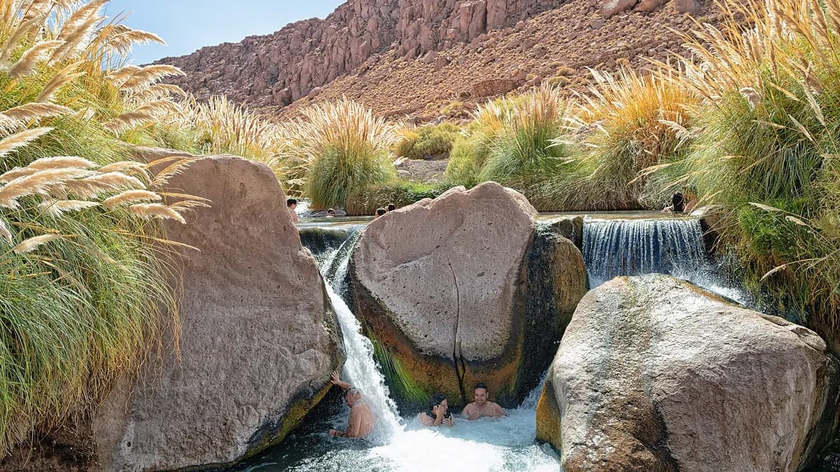Pozones de agua termal entre rocas y pastizales en la quebrada de Puritama